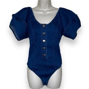 NWT Denim Blvd Los Angeles Blue Puff Sleeve Bodysuit Stretch Women Size Small